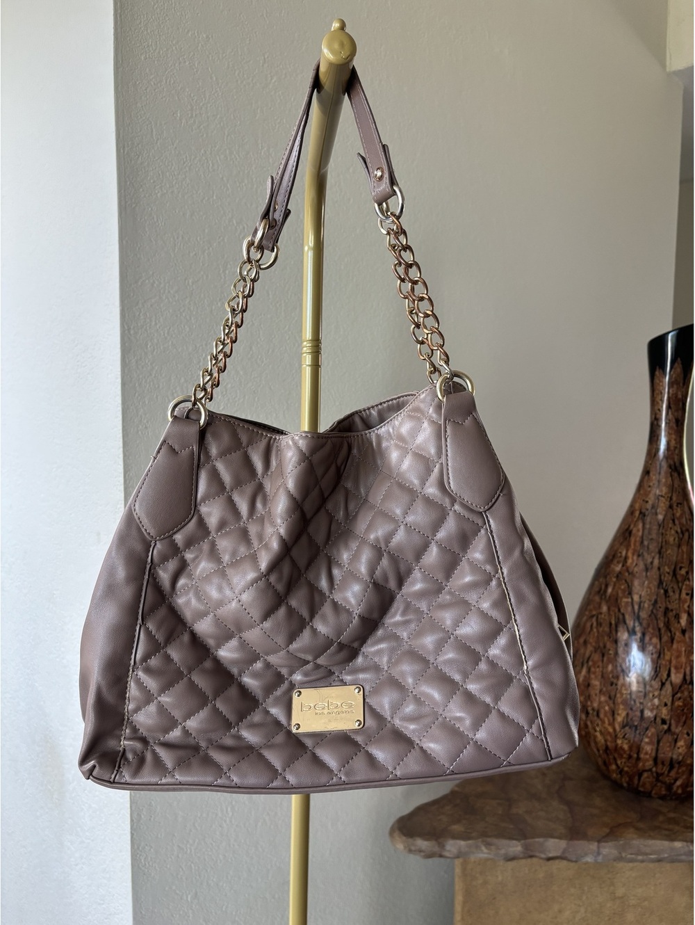 BeBe Taupe Quilted Shoulder Bag Gold Chain Strap
